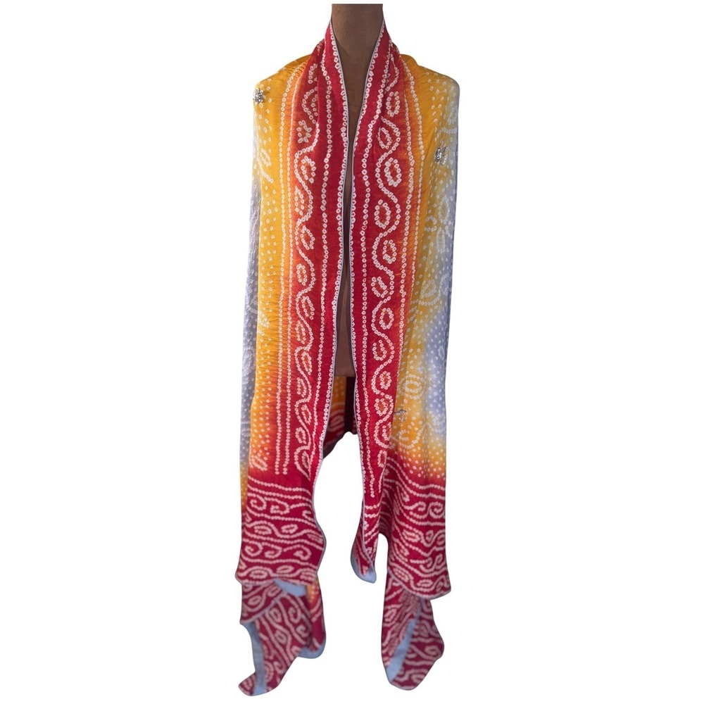 Handmade Indian Bandhani Dupatta Shawl Scarf EUC Beaded Boho Wrap 90x40